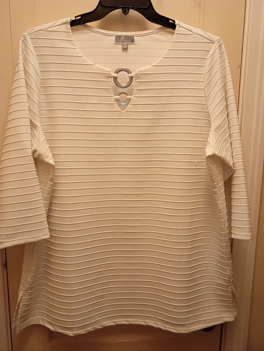 JM Collection Cream Textured Knit Three QuarteSleeve Top with Double Ring Detail